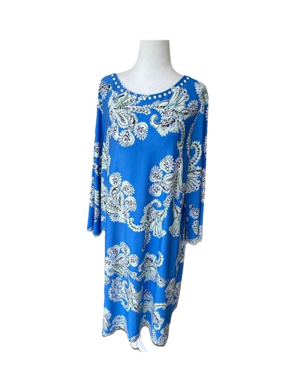 Ruby Rd Women XL Shift Dress Blue Floral 3/4 Sleeve Round Neckline White Dots